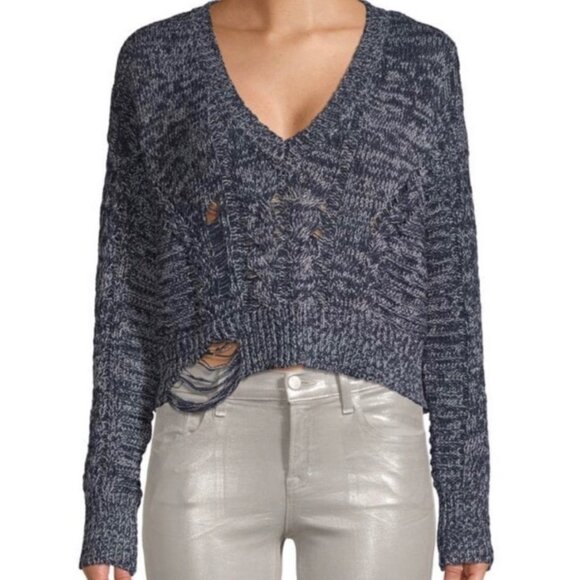 Wildfox Nancy Oxford Distressed Sweater Size Small Rib-Knit V Neck Navy Blue - Picture 8 of 8